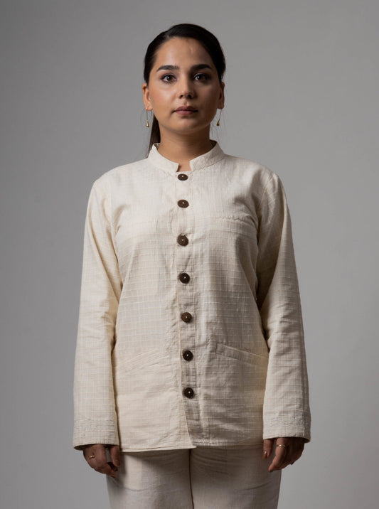 White Reversible Cotton Jacket at Kamakhyaa by Lafaani. This item is Casual Wear, Cotton, Jackets, Natural, Regular Fit, Reversible, Solids, White, Womenswear