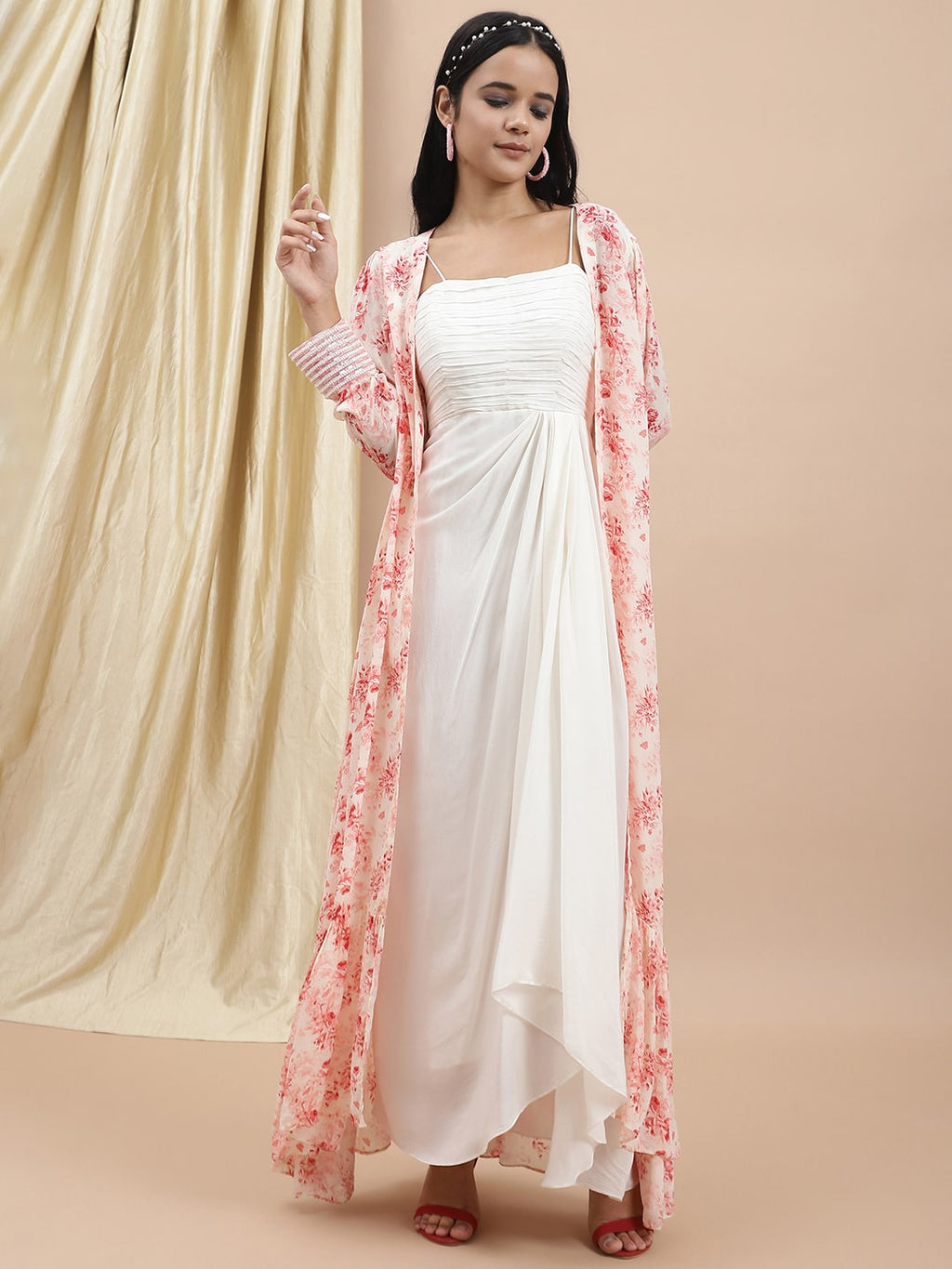 White Satin Dress With Printed Long Shrug Set at Kamakhyaa by Ewoke. This item is Bemberg satin, Dress Sets, Ewoke, Festive Wear, Natural, Prints, Relaxed Fit, White, Womenswear
