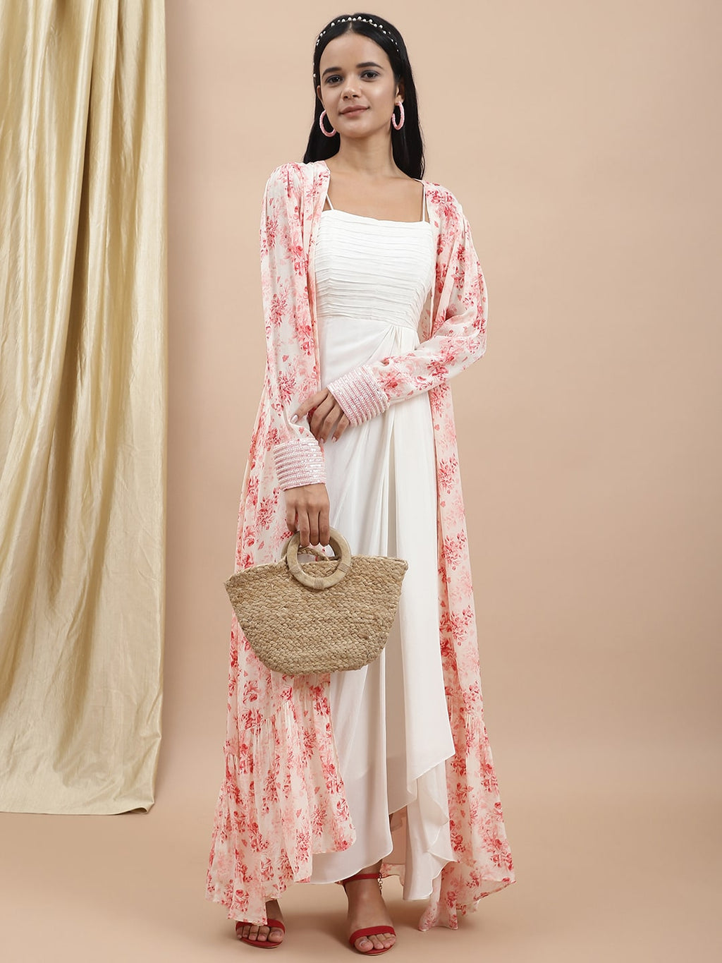 White Satin Dress With Printed Long Shrug Set at Kamakhyaa by Ewoke. This item is Bemberg satin, Dress Sets, Ewoke, Festive Wear, Natural, Prints, Relaxed Fit, White, Womenswear