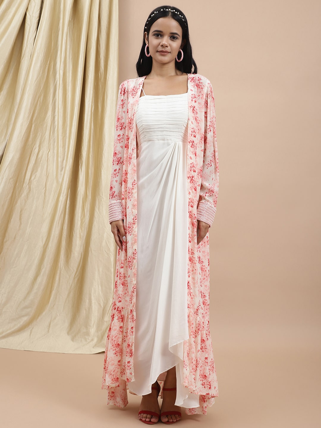 White Satin Dress With Printed Long Shrug Set at Kamakhyaa by Ewoke. This item is Bemberg satin, Dress Sets, Ewoke, Festive Wear, Natural, Prints, Relaxed Fit, White, Womenswear