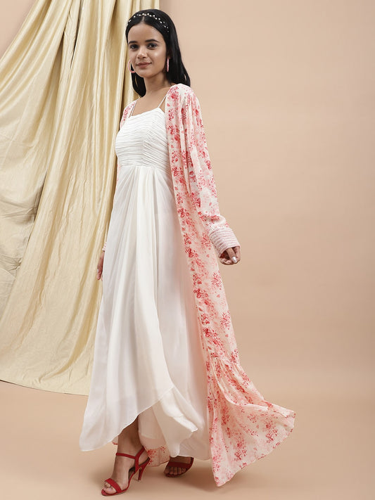 White Satin Dress With Printed Long Shrug Set at Kamakhyaa by Ewoke. This item is Bemberg satin, Dress Sets, Ewoke, Festive Wear, Natural, Prints, Relaxed Fit, White, Womenswear