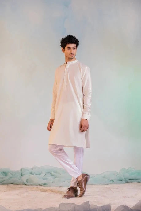 White Sequin Work Kurta Pant Set at Kamakhyaa by Charkhee. This item is Aasmaa, Chanderi, Cotton, Embellished, Kurta Pant Sets, Mens Co-ords, Menswear, Natural, Relaxed Fit, Sequin work, Wedding Wear, White