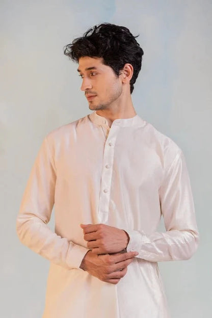 White Sequin Work Kurta Pant Set at Kamakhyaa by Charkhee. This item is Aasmaa, Chanderi, Cotton, Embellished, Kurta Pant Sets, Mens Co-ords, Menswear, Natural, Relaxed Fit, Sequin work, Wedding Wear, White