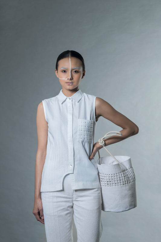 White Shirt at Kamakhyaa by Anushé Pirani. This item is Best Selling, Easter, Handwoven Jute Cotton, July Sale, July Sale 2023, Natural, Office Wear, Playful Office Wear, Relaxed Fit, sale anushe pirani, Shirts, Solids, The Line Tales, White, Womenswear