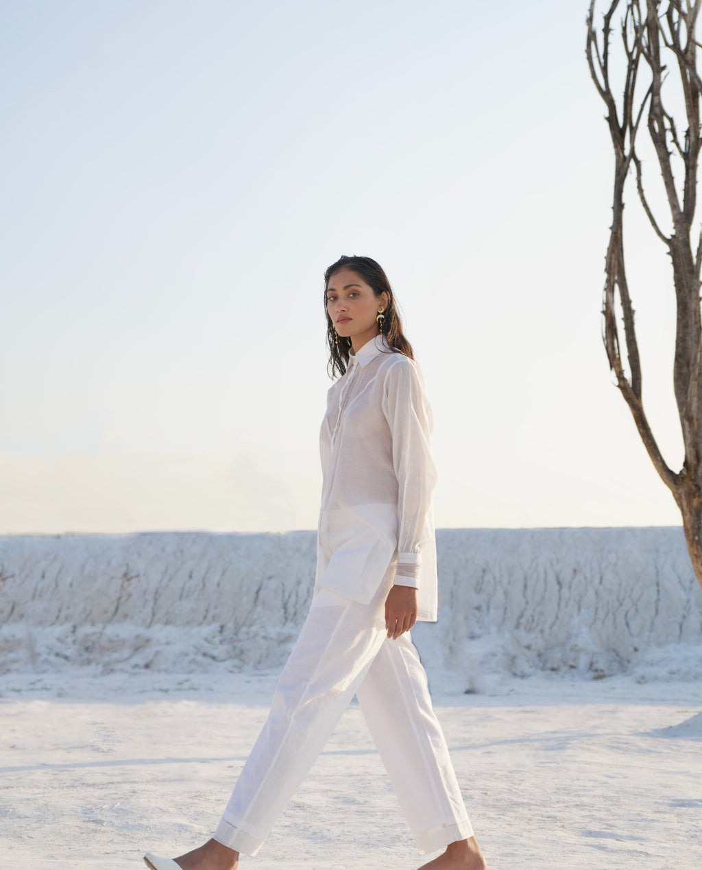 White Silk Co-ord Set at Kamakhyaa by The Loom Art. This item is Aurora SS24, Best Selling, Casual Wear, Chanderi Silk, Co-ord Sets, FB ADS JUNE, July Sale, July Sale 2023, Ombre & Dyes, Organic, Regular Fit, Solids, Vacation, Vacation Co-ords, White, Womenswear