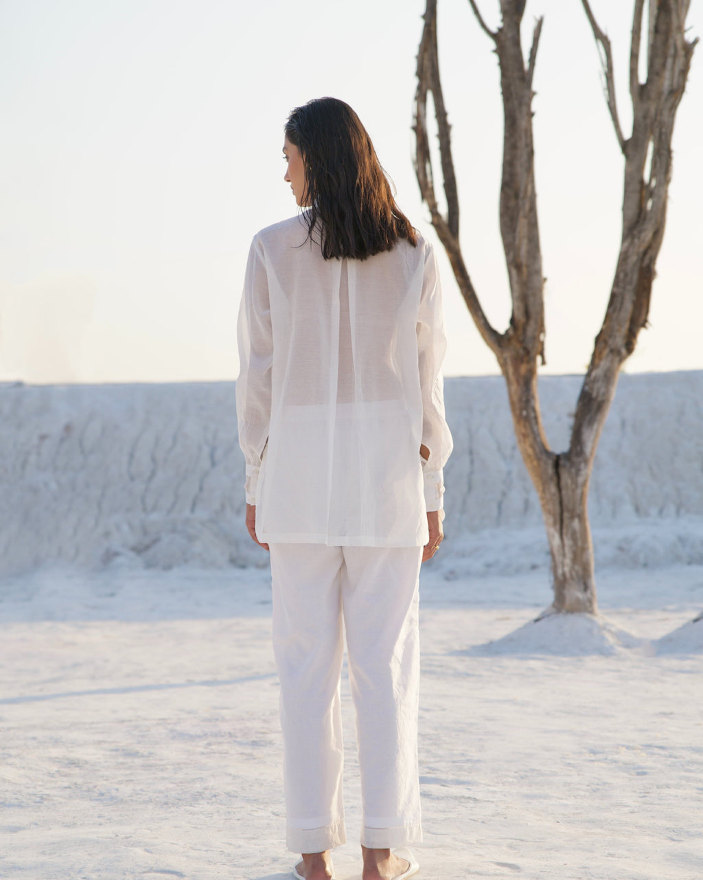 White Silk Co-ord Set at Kamakhyaa by The Loom Art. This item is Aurora SS24, Best Selling, Casual Wear, Chanderi Silk, Co-ord Sets, FB ADS JUNE, July Sale, July Sale 2023, Ombre & Dyes, Organic, Regular Fit, Solids, Vacation, Vacation Co-ords, White, Womenswear