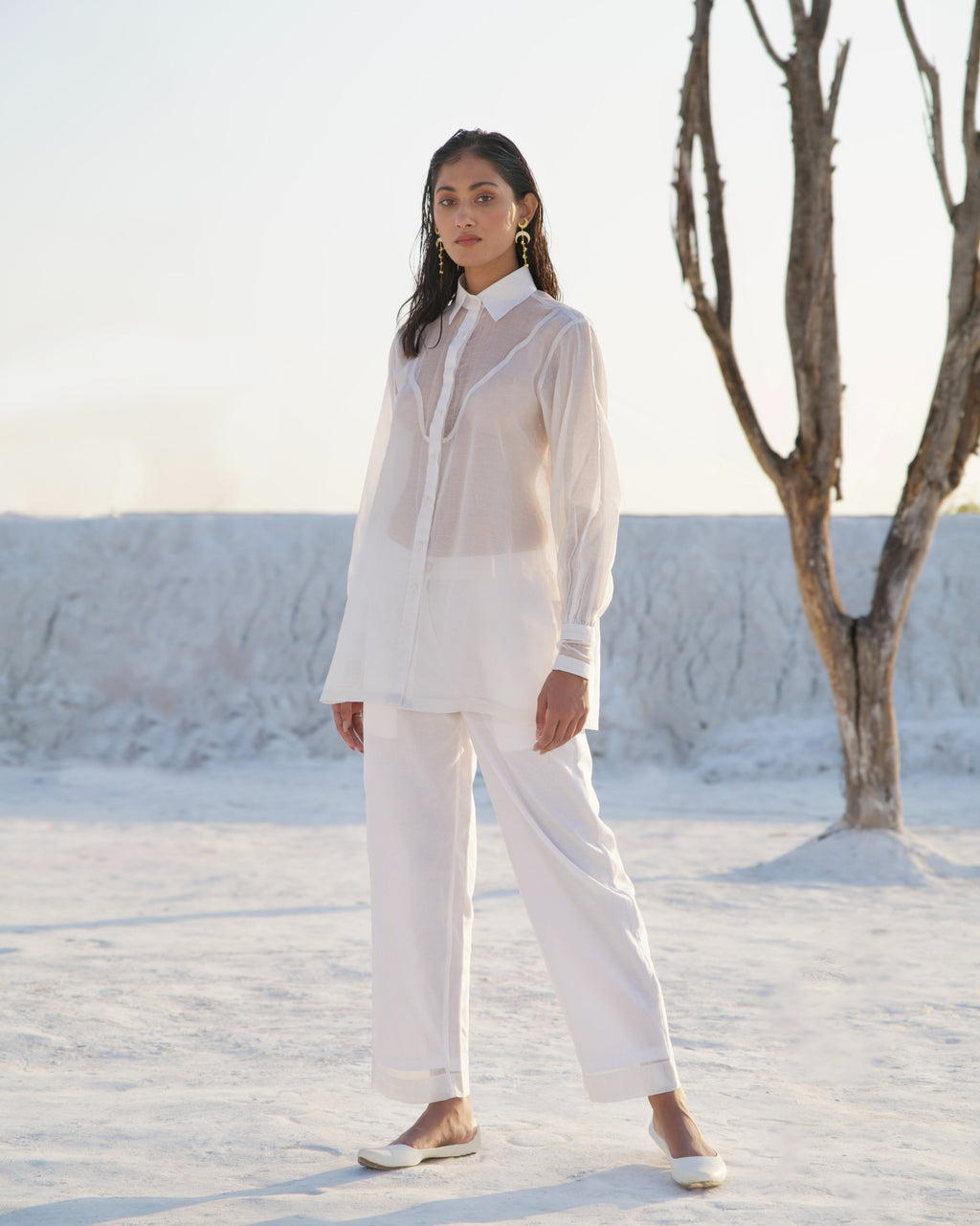 White Silk Co-ord Set at Kamakhyaa by The Loom Art. This item is Aurora SS24, Best Selling, Casual Wear, Chanderi Silk, Co-ord Sets, FB ADS JUNE, July Sale, July Sale 2023, Ombre & Dyes, Organic, Regular Fit, Solids, Vacation, Vacation Co-ords, White, Womenswear