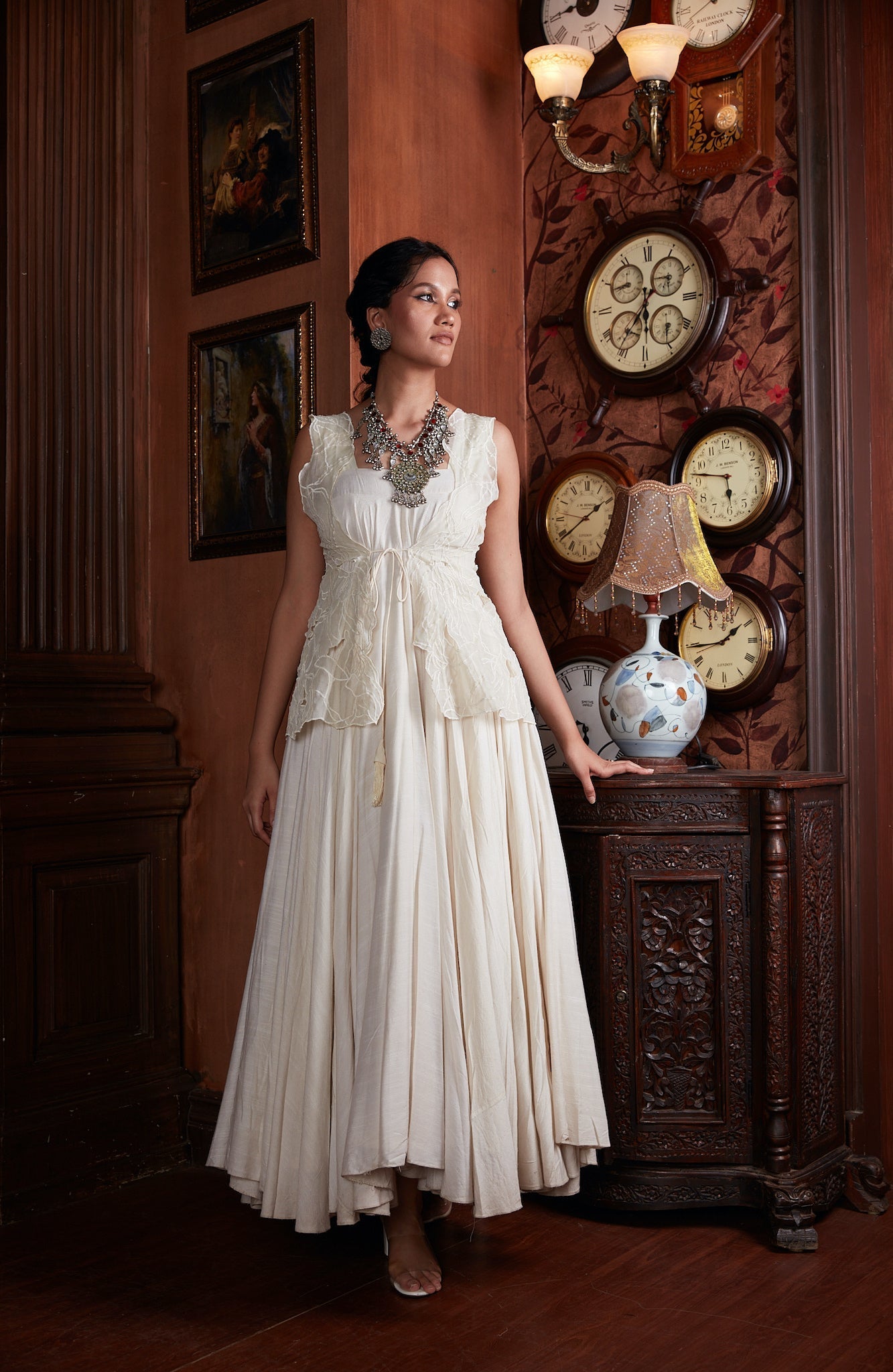 Pari:White Pure Muslin Buti Jacket style Gown with pants and dupatta(s –  INDSIDE