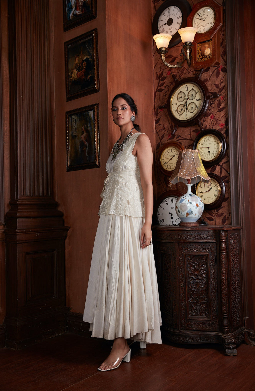 White Silk Dress With Reversible Organza Jacket at Kamakhyaa by Chambray & Co.. This item is Chambray & Co, Dress Sets, Dresses, Embroidered, Natural, Party Wear, Regular Fit, Reversible, Riwayat, Silk, White, Womenswear