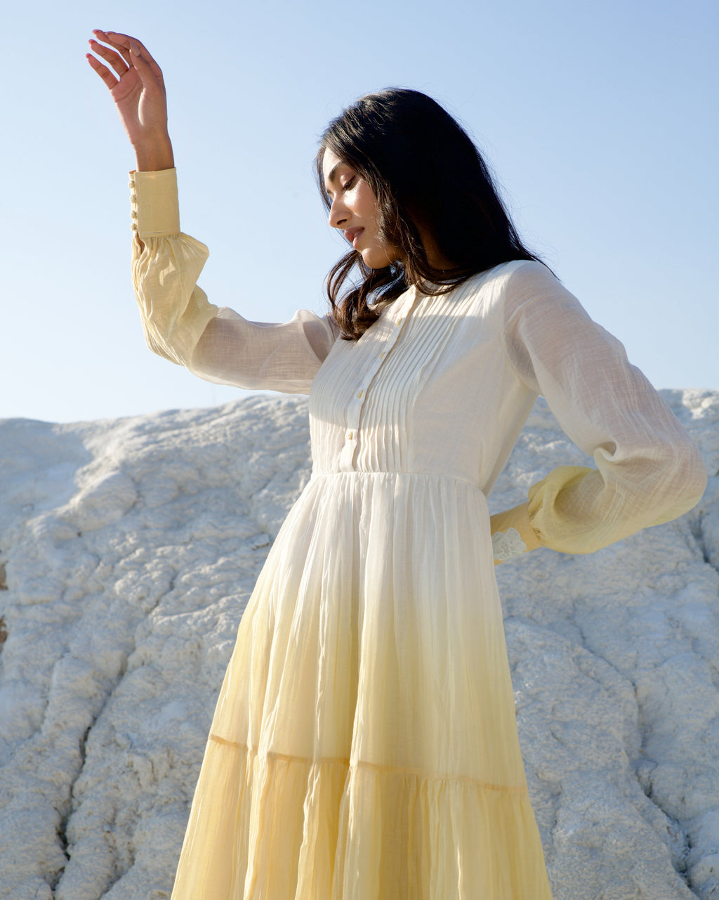 White Silk Midi Dress at Kamakhyaa by The Loom Art. This item is Aurora SS24, Best Selling, Casual Wear, Chanderi Silk, FB ADS JUNE, July Sale, July Sale 2023, Kurtas, Midi Dresses, Ombre & Dyes, Organic, Regular Fit, Tiered Dresses, White, Womenswear