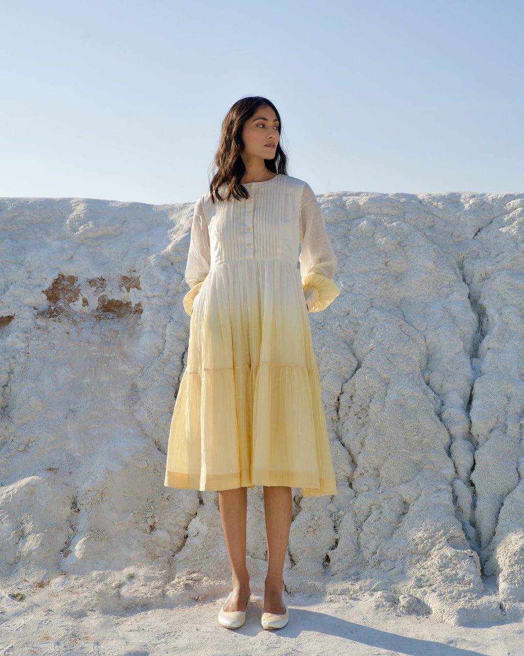 White Silk Midi Dress at Kamakhyaa by The Loom Art. This item is Aurora SS24, Best Selling, Casual Wear, Chanderi Silk, FB ADS JUNE, July Sale, July Sale 2023, Kurtas, Midi Dresses, Ombre & Dyes, Organic, Regular Fit, Tiered Dresses, White, Womenswear