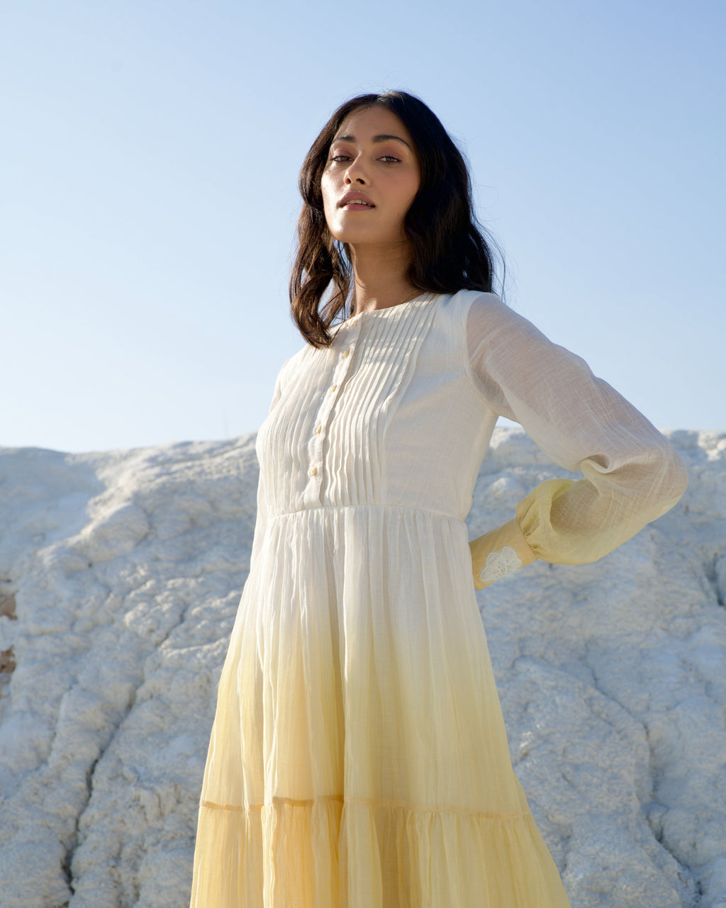 White Silk Midi Dress at Kamakhyaa by The Loom Art. This item is Aurora SS24, Best Selling, Casual Wear, Chanderi Silk, FB ADS JUNE, July Sale, July Sale 2023, Kurtas, Midi Dresses, Ombre & Dyes, Organic, Regular Fit, Tiered Dresses, White, Womenswear