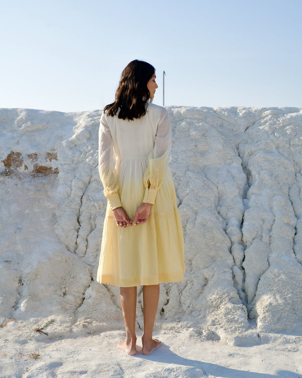 White Silk Midi Dress at Kamakhyaa by The Loom Art. This item is Aurora SS24, Best Selling, Casual Wear, Chanderi Silk, FB ADS JUNE, July Sale, July Sale 2023, Kurtas, Midi Dresses, Ombre & Dyes, Organic, Regular Fit, Tiered Dresses, White, Womenswear