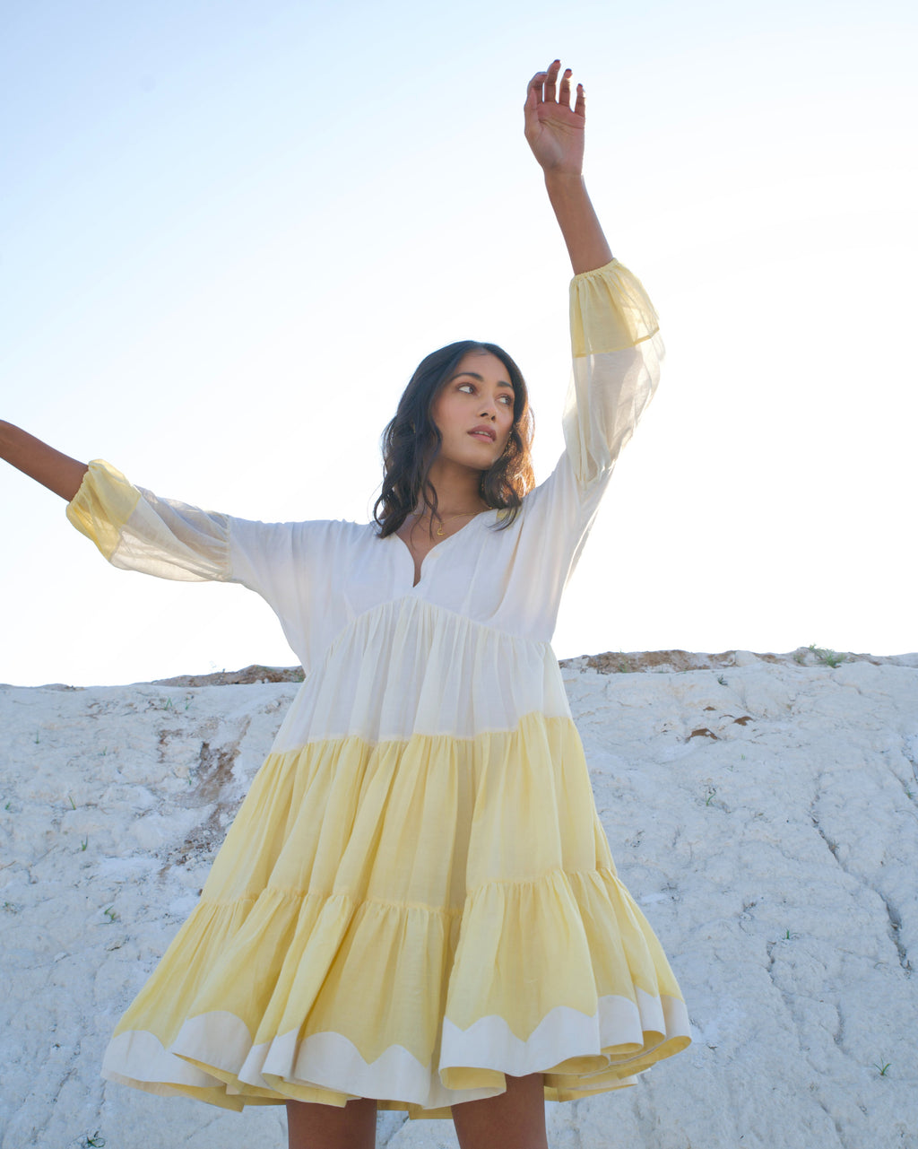 White Silk Mini Dress at Kamakhyaa by The Loom Art. This item is Aurora SS24, Casual Wear, Chanderi Silk, July Sale, July Sale 2023, Loose Fit, Mini Dresses, Ombre & Dyes, Organic, Tiered Dresses, White, Womenswear