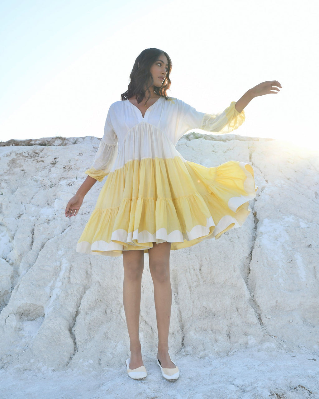 White Silk Mini Dress at Kamakhyaa by The Loom Art. This item is Aurora SS24, Casual Wear, Chanderi Silk, July Sale, July Sale 2023, Loose Fit, Mini Dresses, Ombre & Dyes, Organic, Tiered Dresses, White, Womenswear