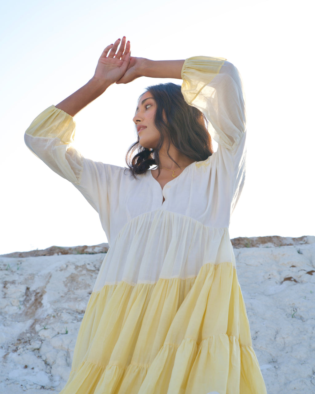 White Silk Mini Dress at Kamakhyaa by The Loom Art. This item is Aurora SS24, Casual Wear, Chanderi Silk, July Sale, July Sale 2023, Loose Fit, Mini Dresses, Ombre & Dyes, Organic, Tiered Dresses, White, Womenswear