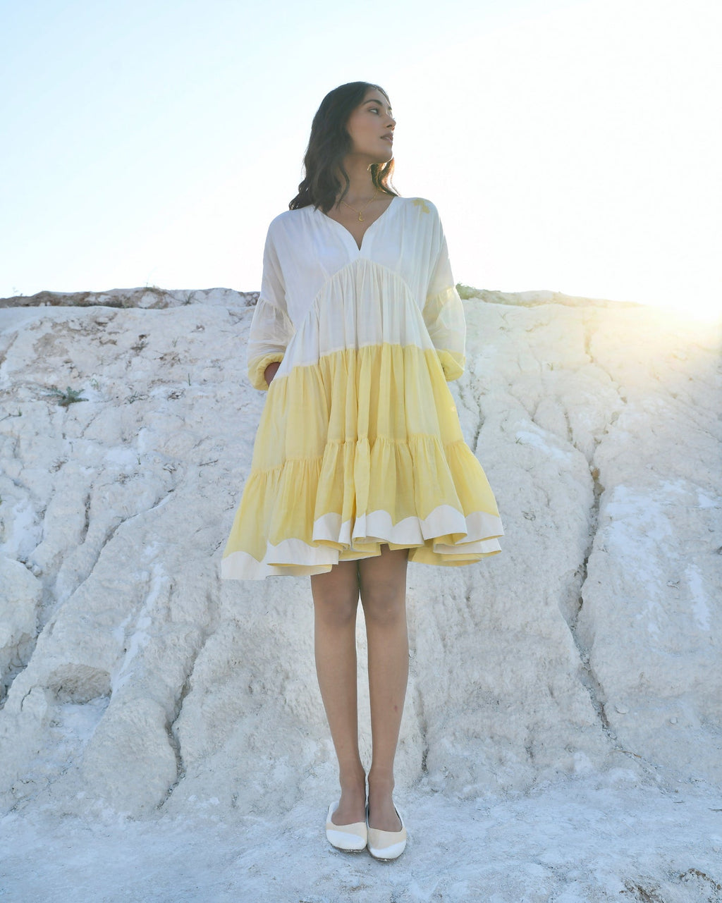 White Silk Mini Dress at Kamakhyaa by The Loom Art. This item is Aurora SS24, Casual Wear, Chanderi Silk, July Sale, July Sale 2023, Loose Fit, Mini Dresses, Ombre & Dyes, Organic, Tiered Dresses, White, Womenswear