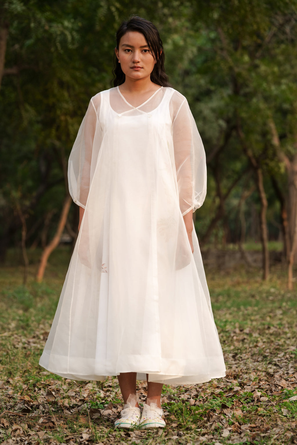 White Silk Organza Dress with Slip at Kamakhyaa by Ahmev. This item is Casual Wear, Cotton, FB ADS JUNE, July Sale, July Sale 2023, Midi Dresses, Natural, Relaxed Fit, Solids, White, Womenswear