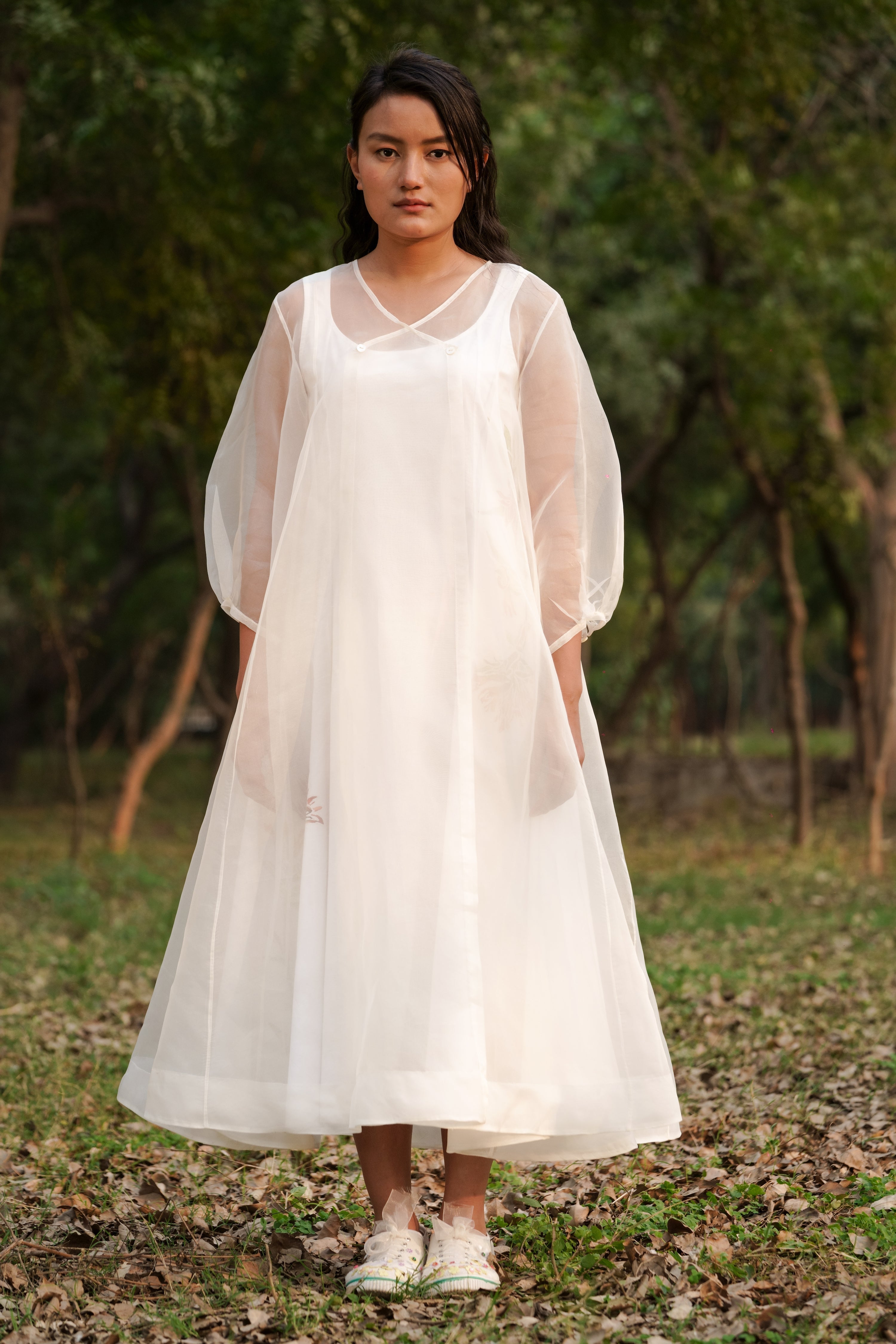White Silk Organza Dress with Slip at Kamakhyaa by Ahmev. This item is Casual Wear, Cotton, FB ADS JUNE, July Sale, July Sale 2023, Midi Dresses, Natural, Relaxed Fit, Solids, White, Womenswear