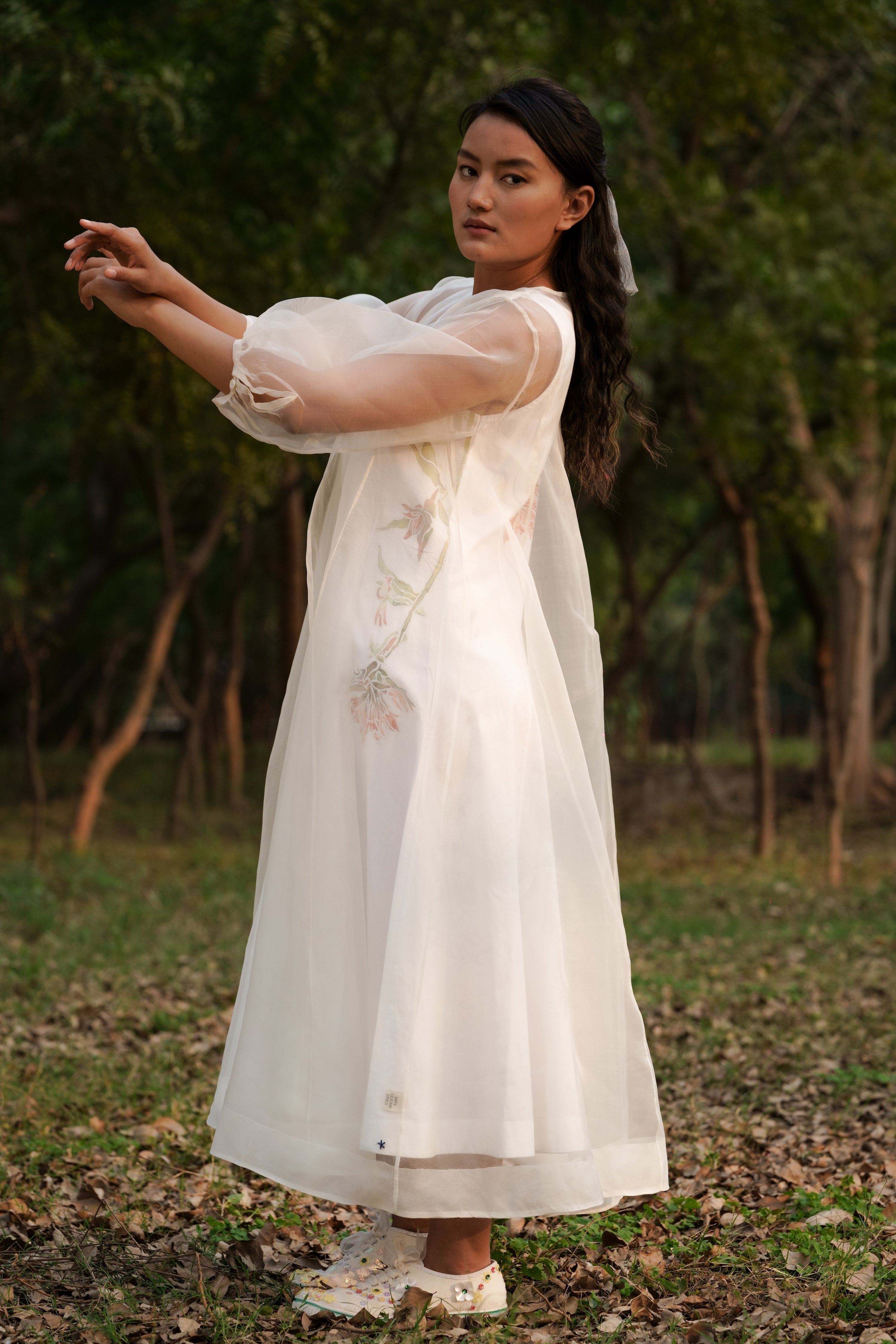 Jane Cape Gathered Silk Organza Extra Long Length Dress | MEAN BLVD