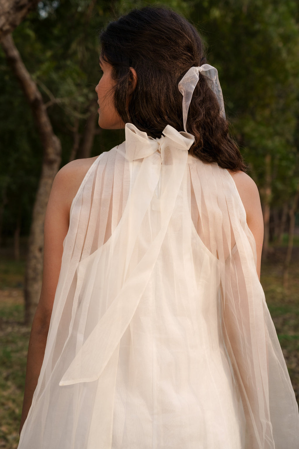 White Silk Organza & Sheer Long Dress at Kamakhyaa by Ahmev. This item is Casual Wear, Cotton, FB ADS JUNE, Fitted At Waist, Halter Neck Dresses, July Sale, July Sale 2023, Maxi Dresses, Natural, Silk Organza, Solids, White, Womenswear