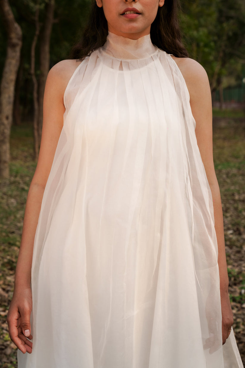 White Silk Organza & Sheer Long Dress