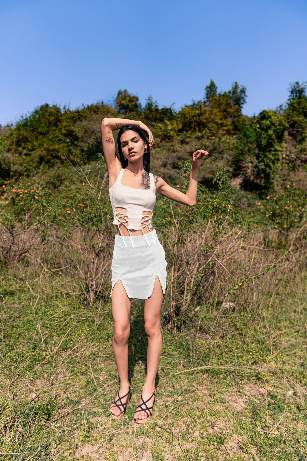 White Skirt at Kamakhyaa by Meko Studio. This item is Cotton, Deadstock Fabrics, Evening Wear, For Siblings, July Sale, July Sale 2023, Lycra, Mini Skirts, Skirts, Slim Fit, Solids, Verao SS-22/23, White, Womenswear