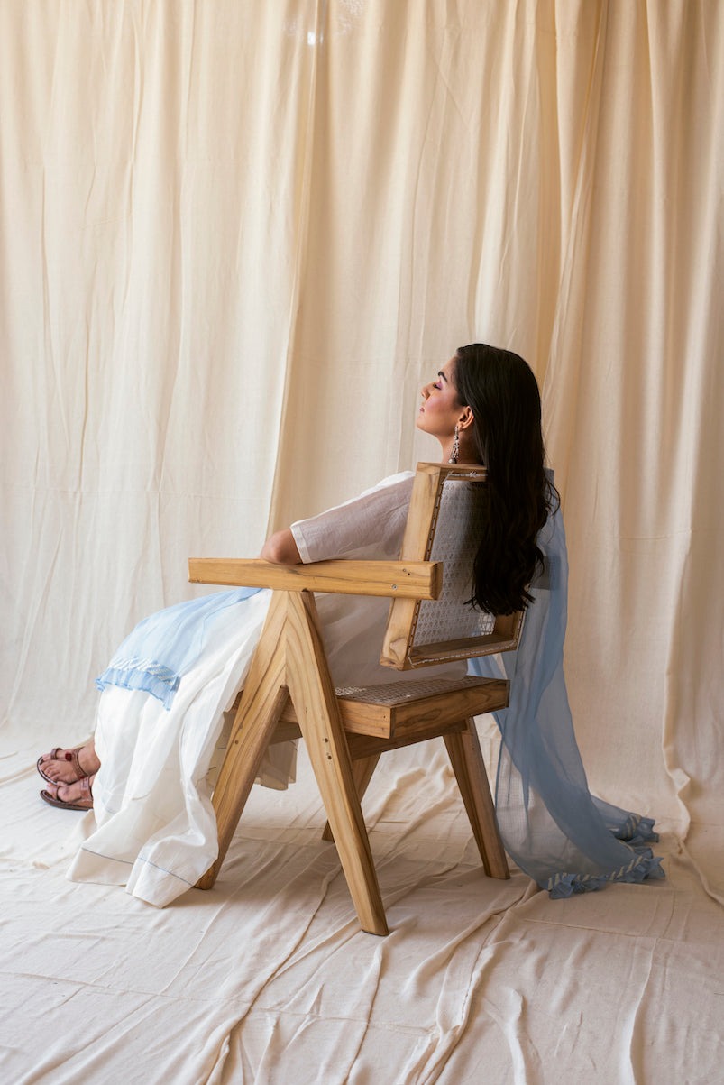 White Sky Set at Kamakhyaa by Taro. This item is Best Selling, Evening Wear, Indian Wear, Indo-Western, July Sale, July Sale 2023, Kurta Palazzo Sets, Kurta Set With Dupatta, Natural, Relaxed Fit, Rozana Taro, Silk Chanderi, Solids, White, Womenswear