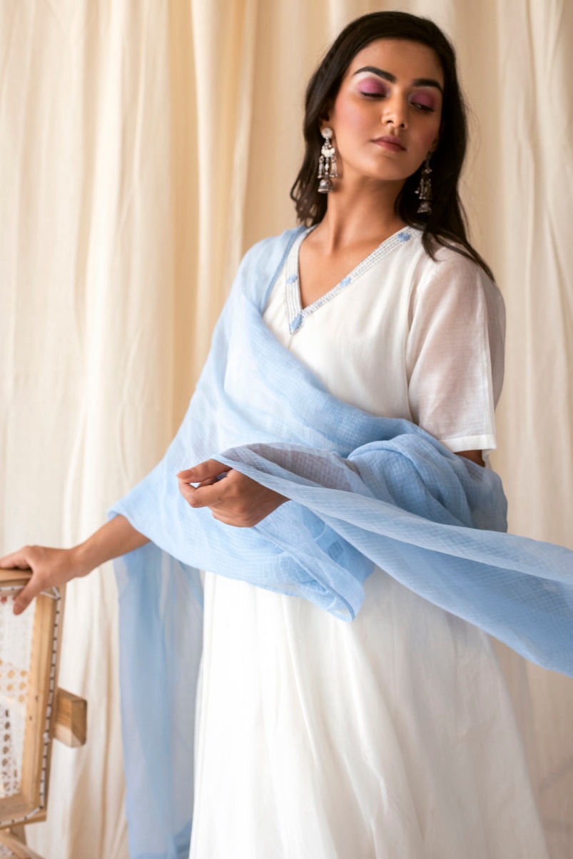 White Sky Set at Kamakhyaa by Taro. This item is Best Selling, Evening Wear, Indian Wear, Indo-Western, July Sale, July Sale 2023, Kurta Palazzo Sets, Kurta Set With Dupatta, Natural, Relaxed Fit, Rozana Taro, Silk Chanderi, Solids, White, Womenswear