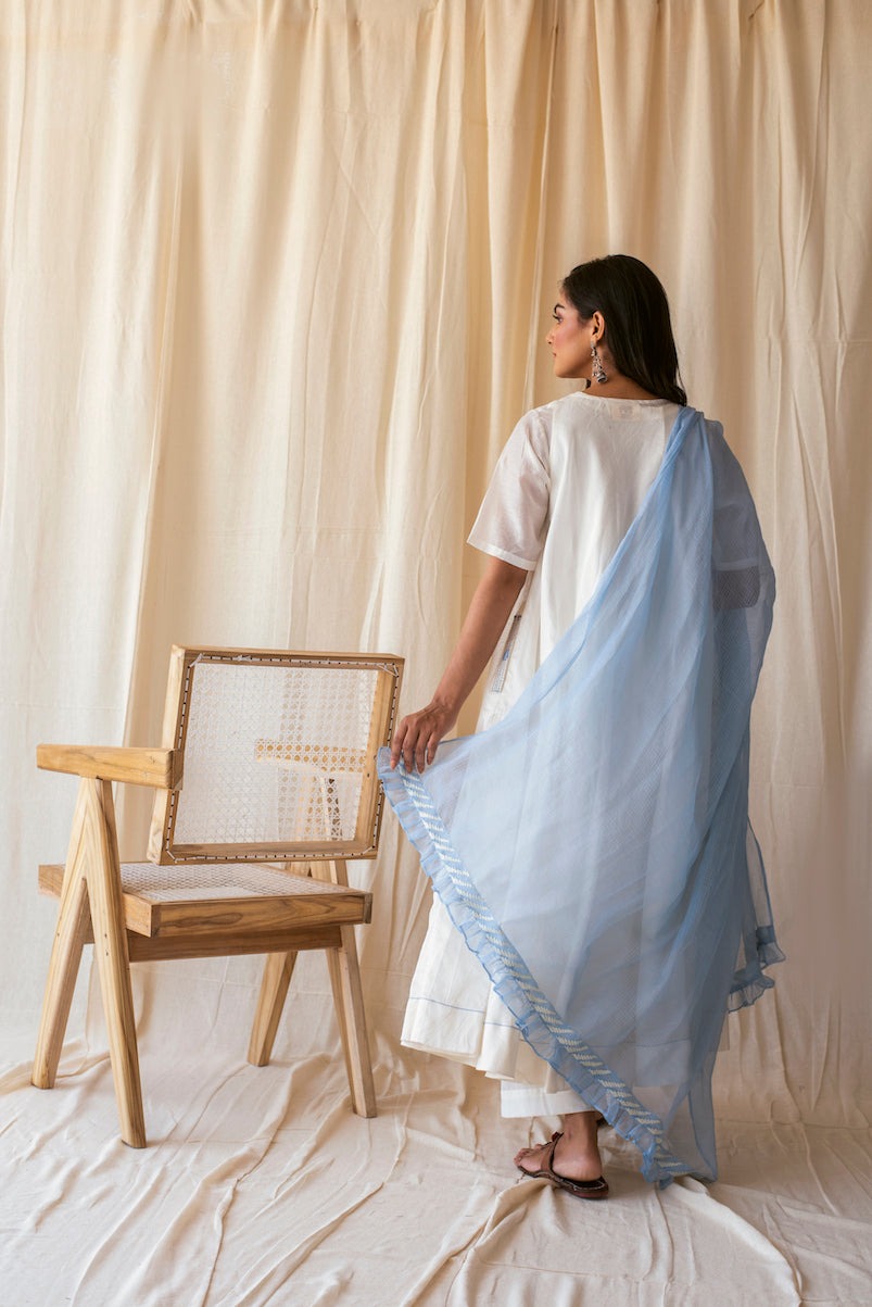 White Sky Set at Kamakhyaa by Taro. This item is Best Selling, Evening Wear, Indian Wear, Indo-Western, July Sale, July Sale 2023, Kurta Palazzo Sets, Kurta Set With Dupatta, Natural, Relaxed Fit, Rozana Taro, Silk Chanderi, Solids, White, Womenswear