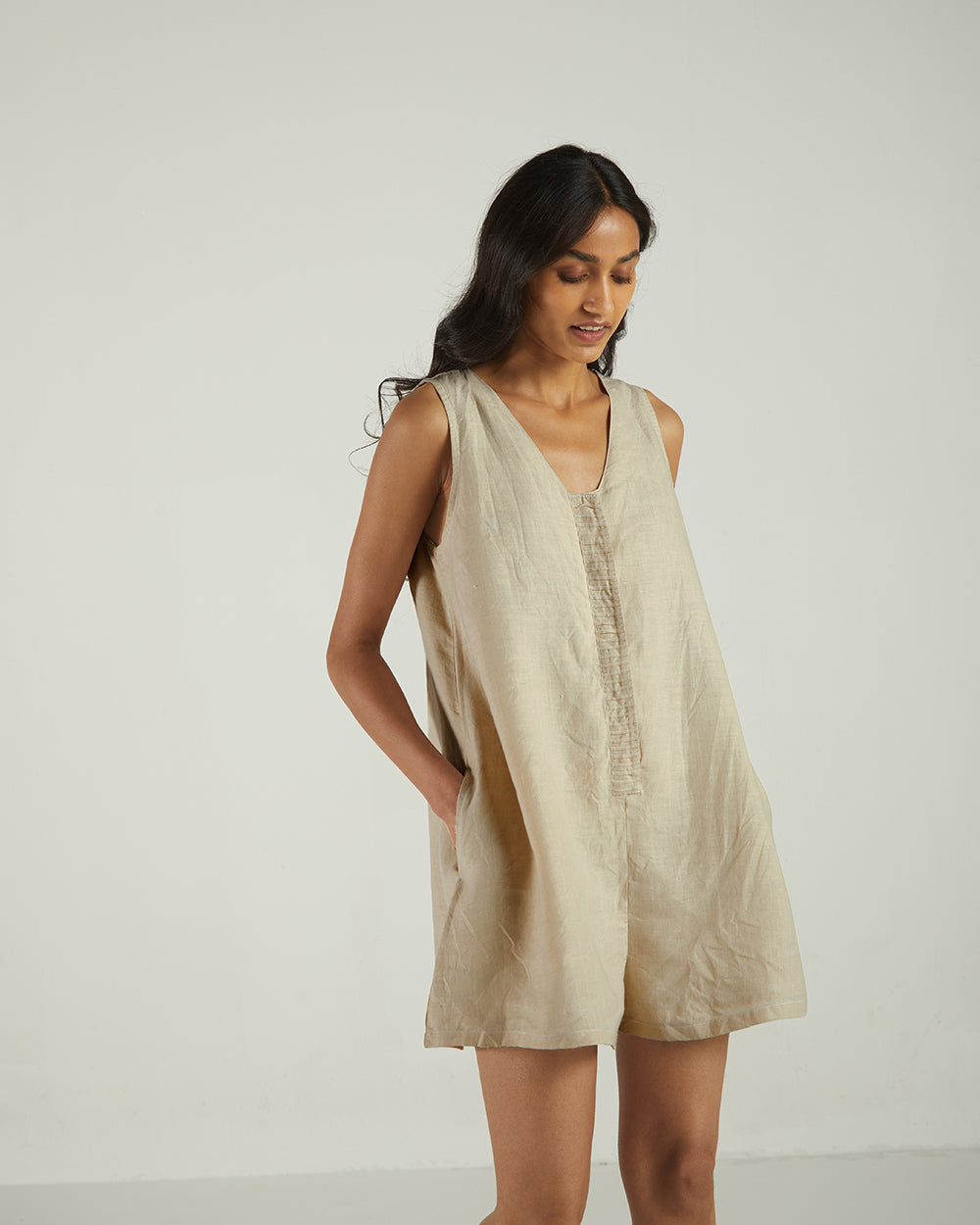 White Sleeveless Jumpsuit at Kamakhyaa by Reistor. This item is Bemberg, Best Selling, Casual Wear, Hemp, Jumpsuits, Natural, rompers, Solids, Womenswear