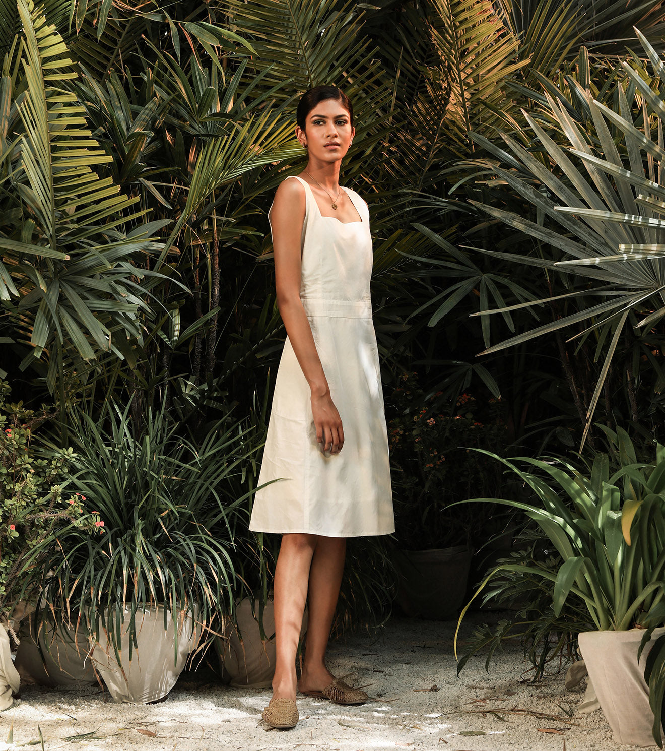 White Sleeveless Midi Dress at Kamakhyaa by Khara Kapas. This item is Lost In paradise, Midi Dresses, Natural, Poplin, Regular Fit, Resort Wear, Solids, White, Womenswear