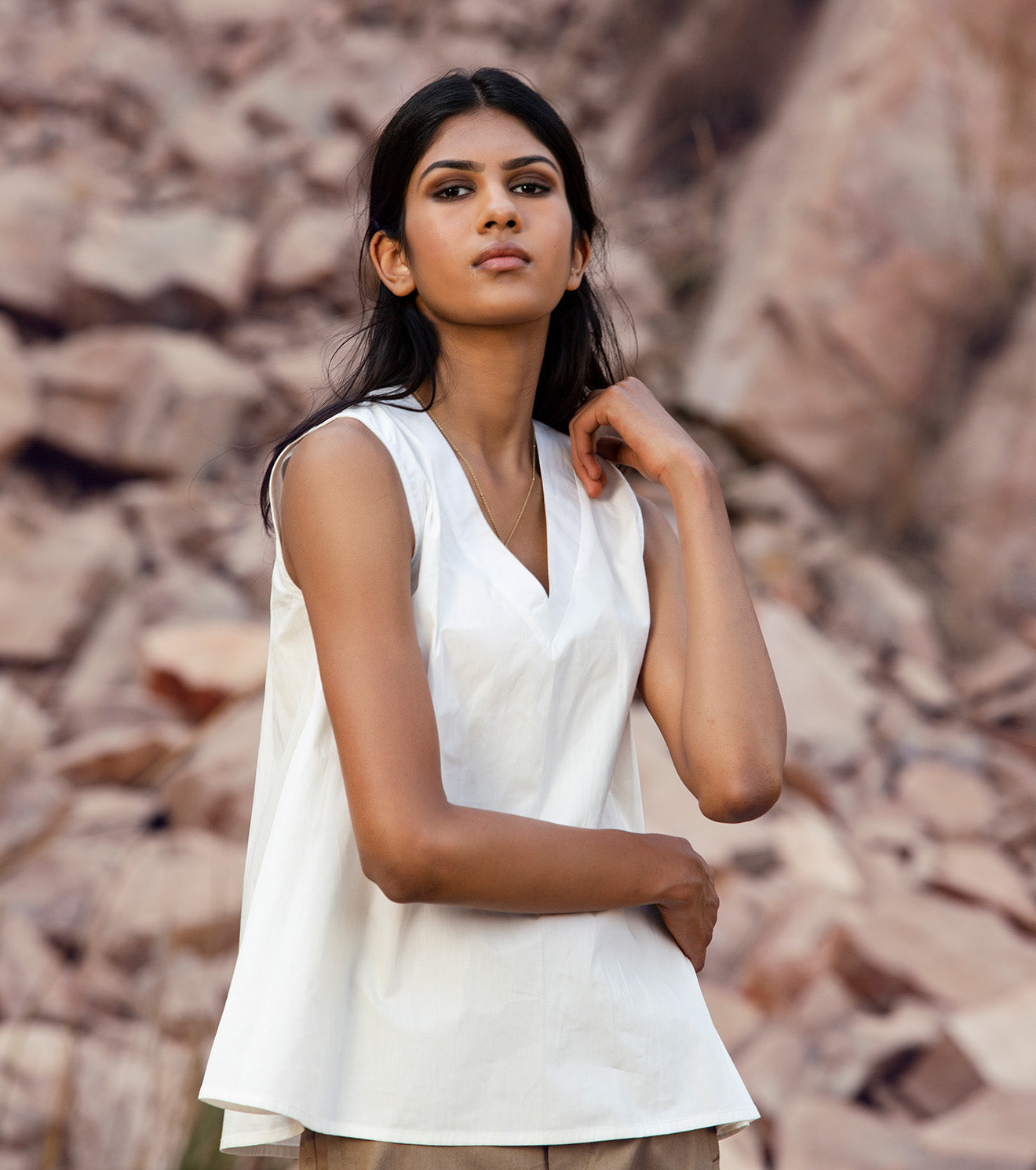 White Sleeveless Top at Kamakhyaa by Khara Kapas. This item is 32 Days, Natural, Poplin, Regular Fit, Resort Wear, Sleeveless Tops, Solids, Tops, White, Womenswear