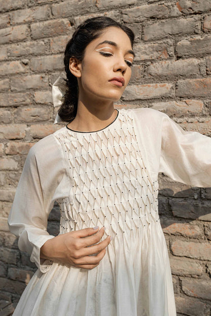 White Smoking Dress And Slip at Kamakhyaa by Ahmev. This item is Casual Wear, Chanderi, Ink And Ivory, Midi Dresses, Natural, Prints, Regular Fit, White, Womenswear
