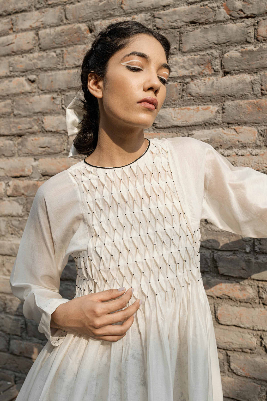 White Smoking Dress And Slip at Kamakhyaa by Ahmev. This item is Casual Wear, Chanderi, Ink And Ivory, Midi Dresses, Natural, Prints, Regular Fit, White, Womenswear
