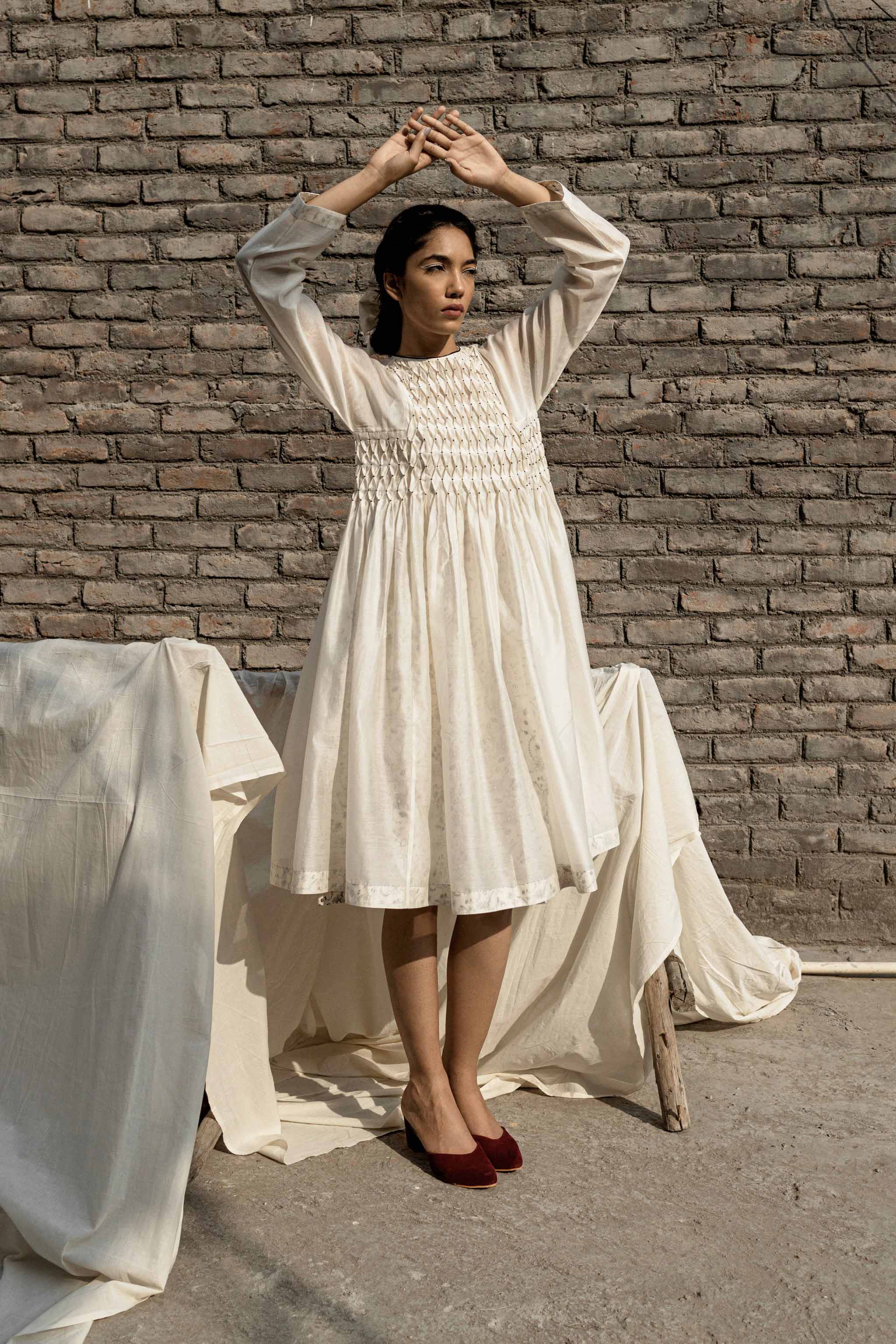 White Smoking Dress And Slip at Kamakhyaa by Ahmev. This item is Casual Wear, Chanderi, Ink And Ivory, Midi Dresses, Natural, Prints, Regular Fit, White, Womenswear