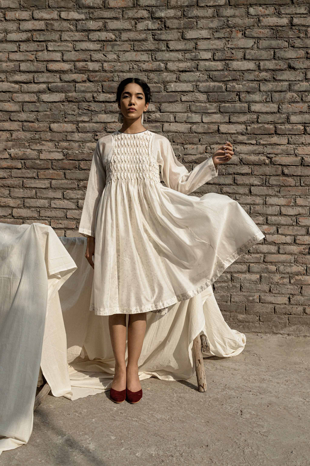 White Smoking Dress And Slip at Kamakhyaa by Ahmev. This item is Casual Wear, Chanderi, Ink And Ivory, Midi Dresses, Natural, Prints, Regular Fit, White, Womenswear