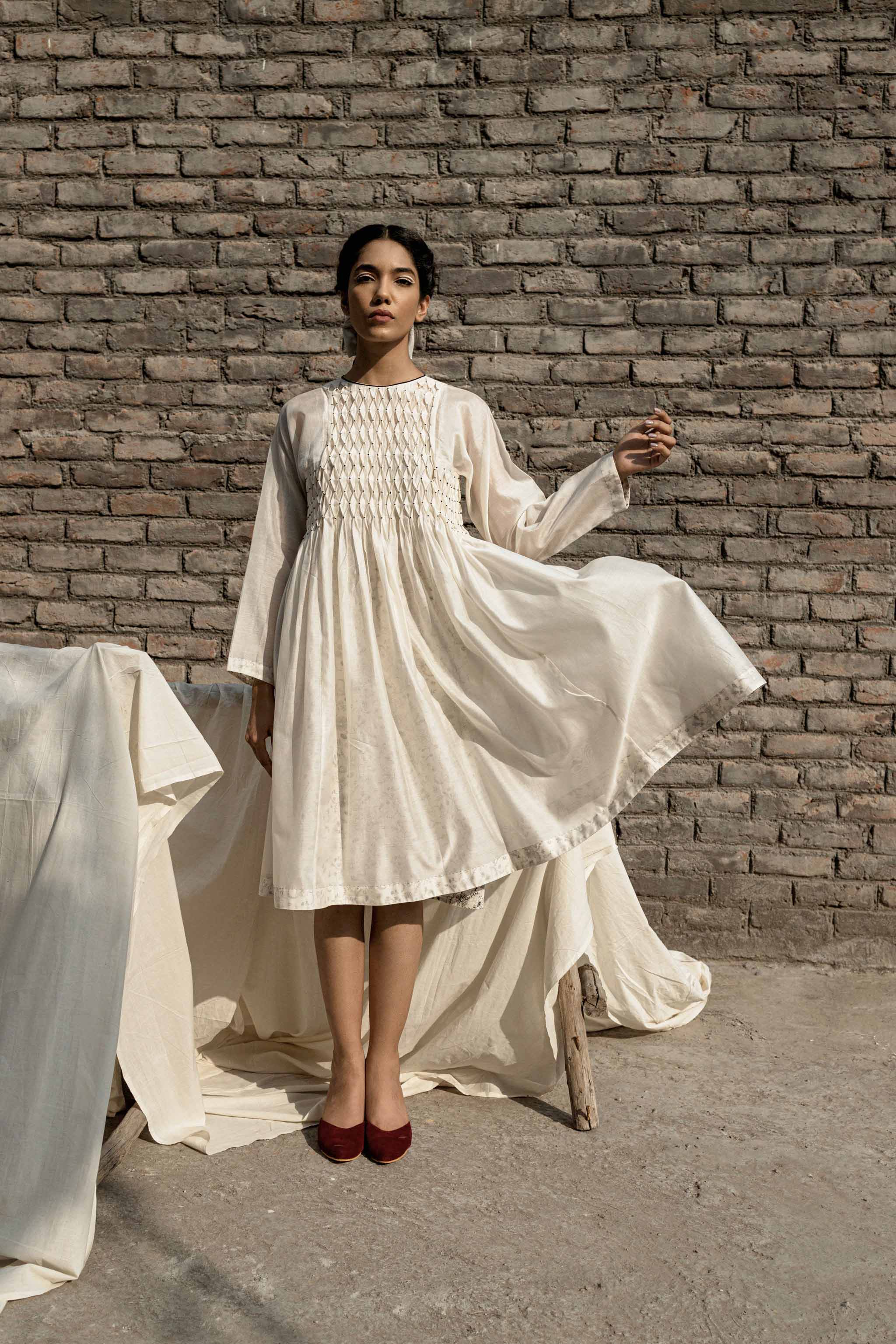 White Smoking Dress And Slip at Kamakhyaa by Ahmev. This item is Casual Wear, Chanderi, Ink And Ivory, Midi Dresses, Natural, Prints, Regular Fit, White, Womenswear