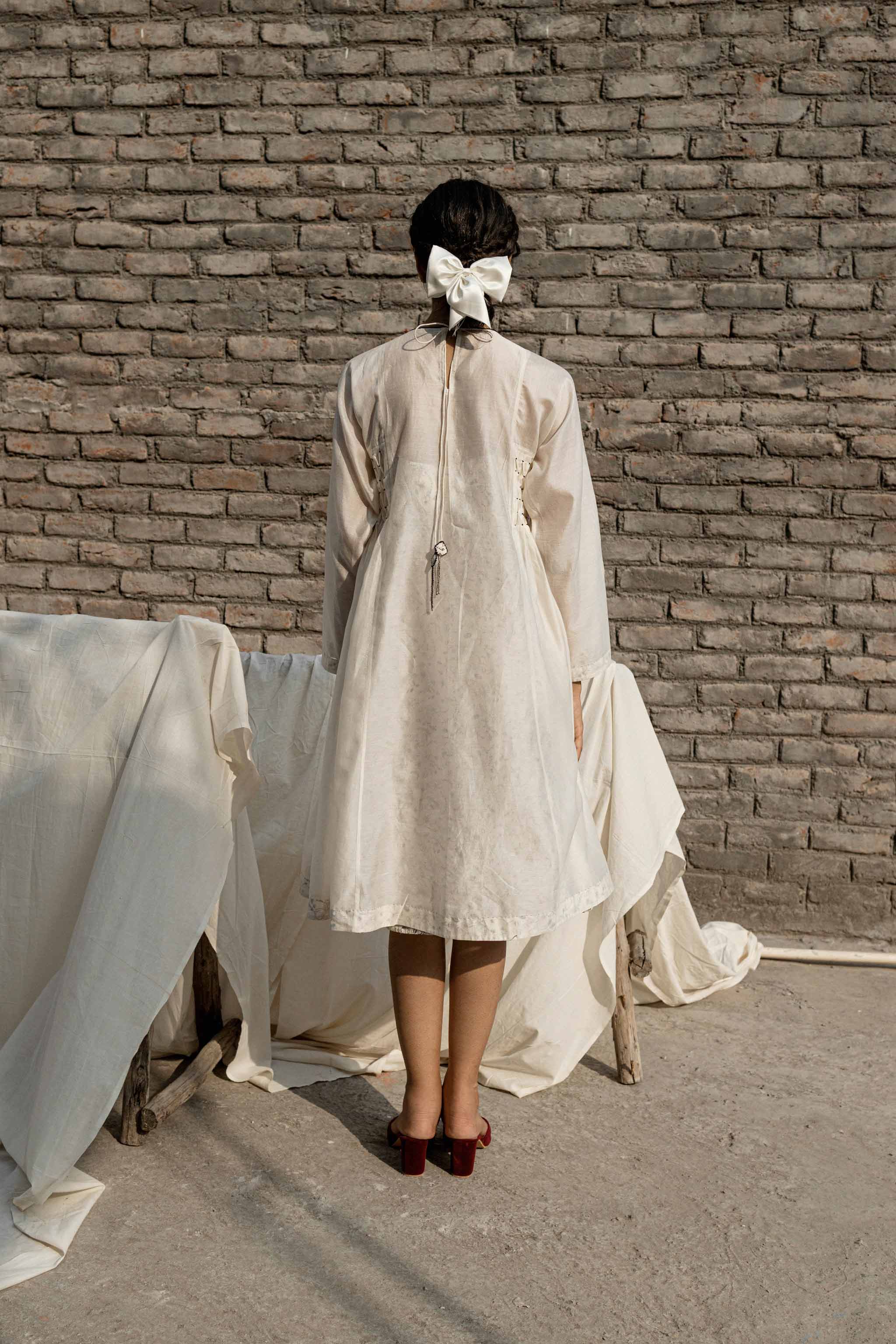 White Smoking Dress And Slip at Kamakhyaa by Ahmev. This item is Casual Wear, Chanderi, Ink And Ivory, Midi Dresses, Natural, Prints, Regular Fit, White, Womenswear