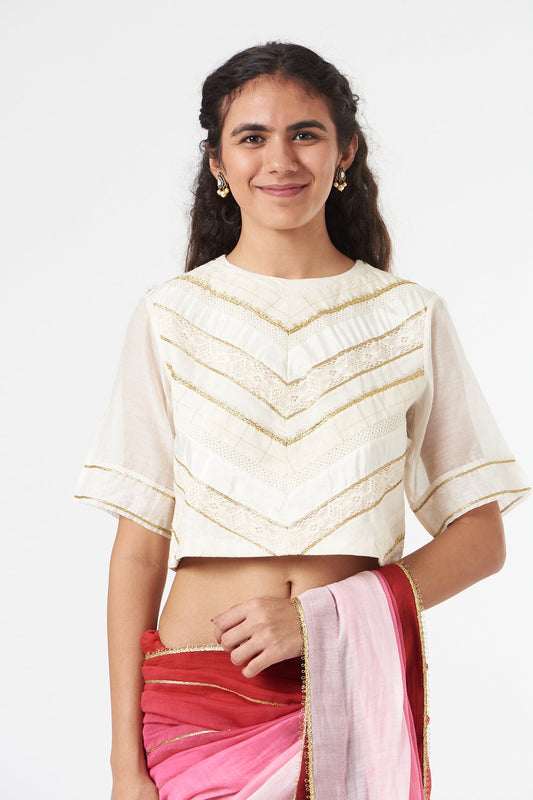 White Striped Cotton & Silk Blouse at Kamakhyaa by Ahmev. This item is Casual Wear, Festive '22, For Mother, July Sale, July Sale 2023, Natural, New, Regular Fit, Saree Blouses, Silk Chanderi, Stripes, Tops, White, Womenswear