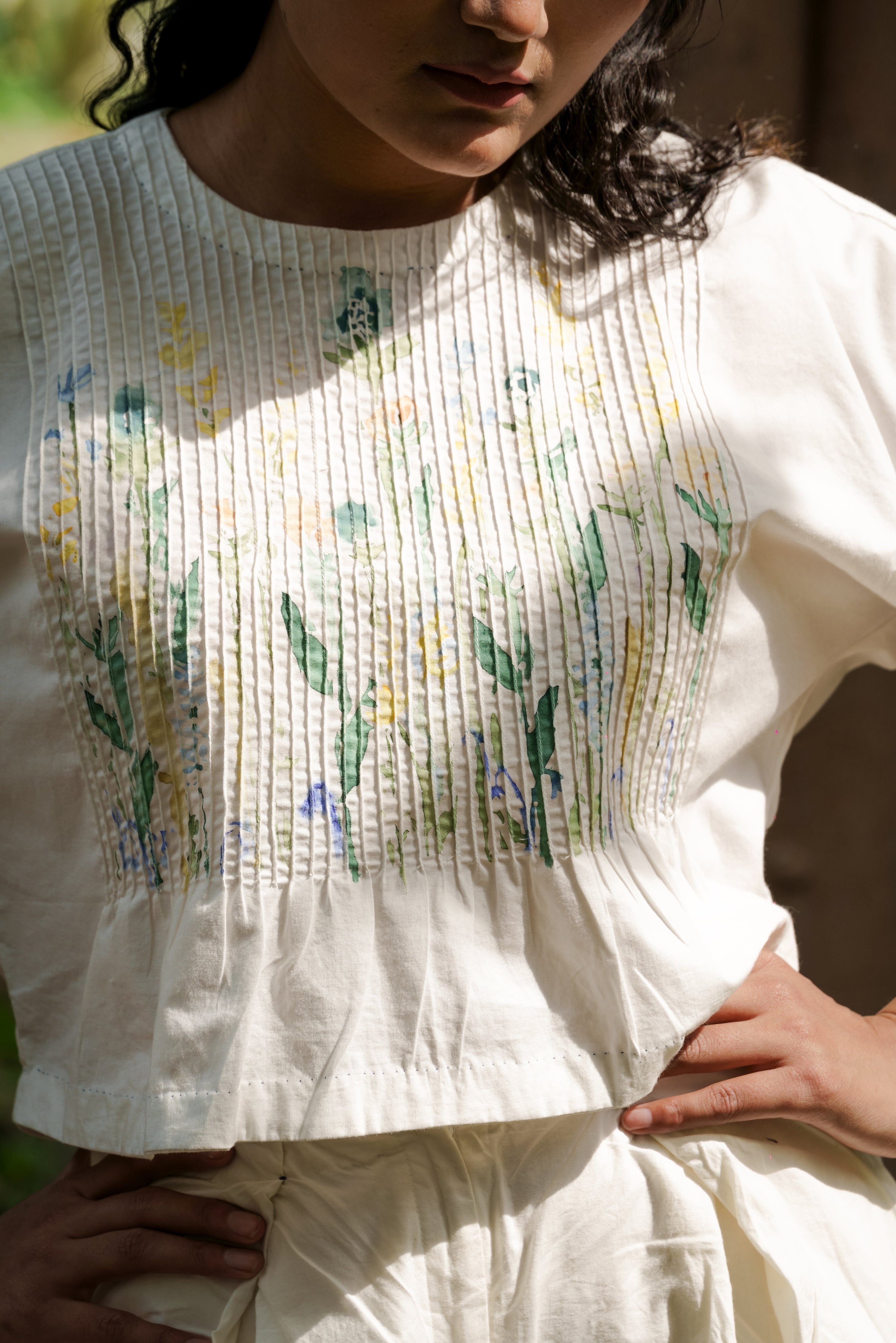 White Striped Top at Kamakhyaa by Ahmev. This item is Batik, Casual Wear, Cotton, Crop Tops, Hanpainted, Highend fashion, July Sale, July Sale 2023, Natural, Regular Fit, Stripes, Tops, White, Womenswear