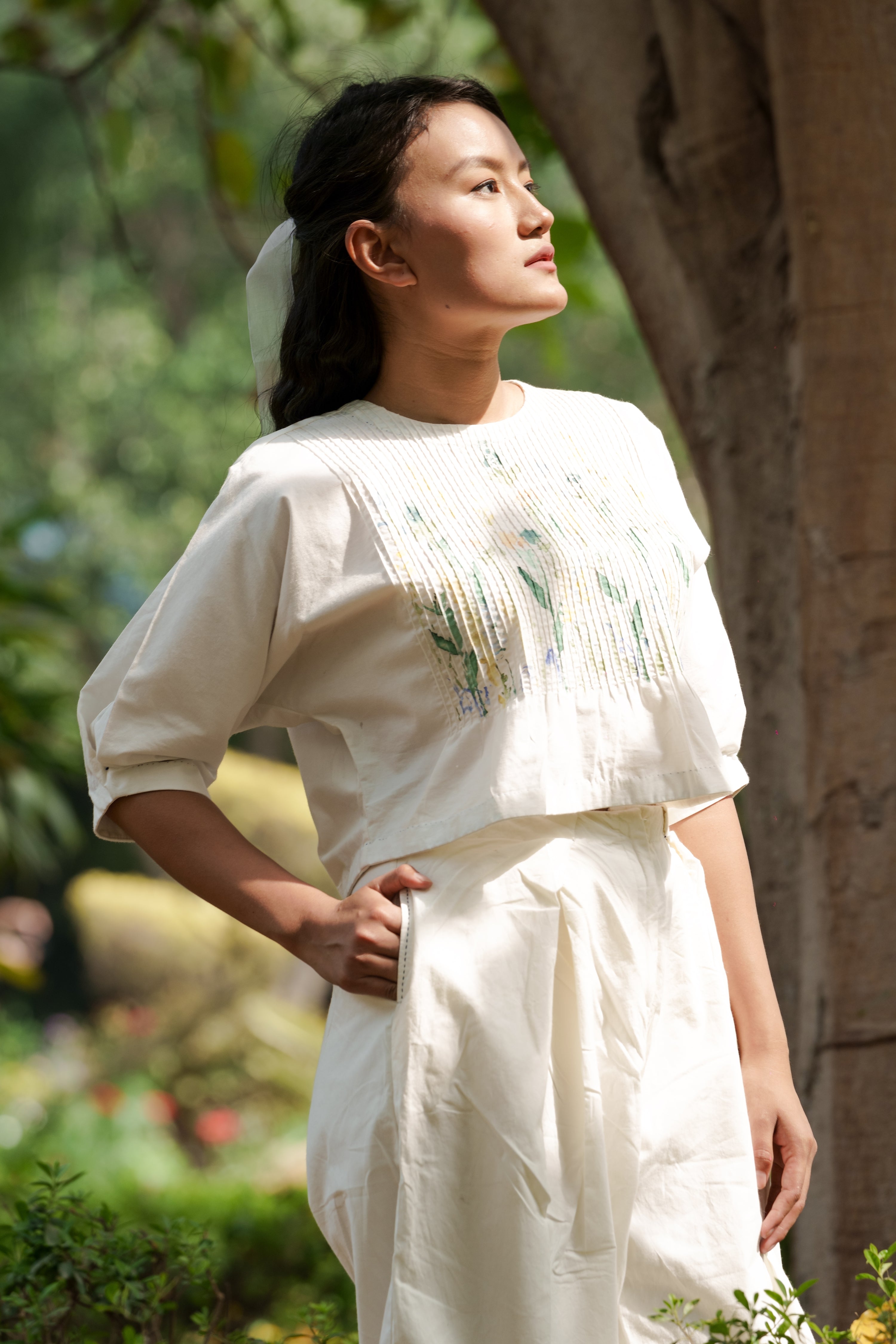 White Striped Top at Kamakhyaa by Ahmev. This item is Batik, Casual Wear, Cotton, Crop Tops, Hanpainted, Highend fashion, July Sale, July Sale 2023, Natural, Regular Fit, Stripes, Tops, White, Womenswear