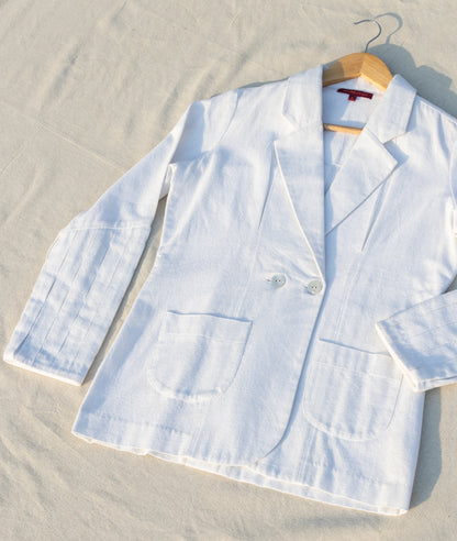 White Suit Blazers at Kamakhyaa by Anushé Pirani. This item is Blazers, Easter, Handwoven Jute Cotton, July Sale, July Sale 2023, Natural, Office Wear, Playful Office Wear, Relaxed Fit, sale anushe pirani, Solids, The Line Tales, White, Womenswear
