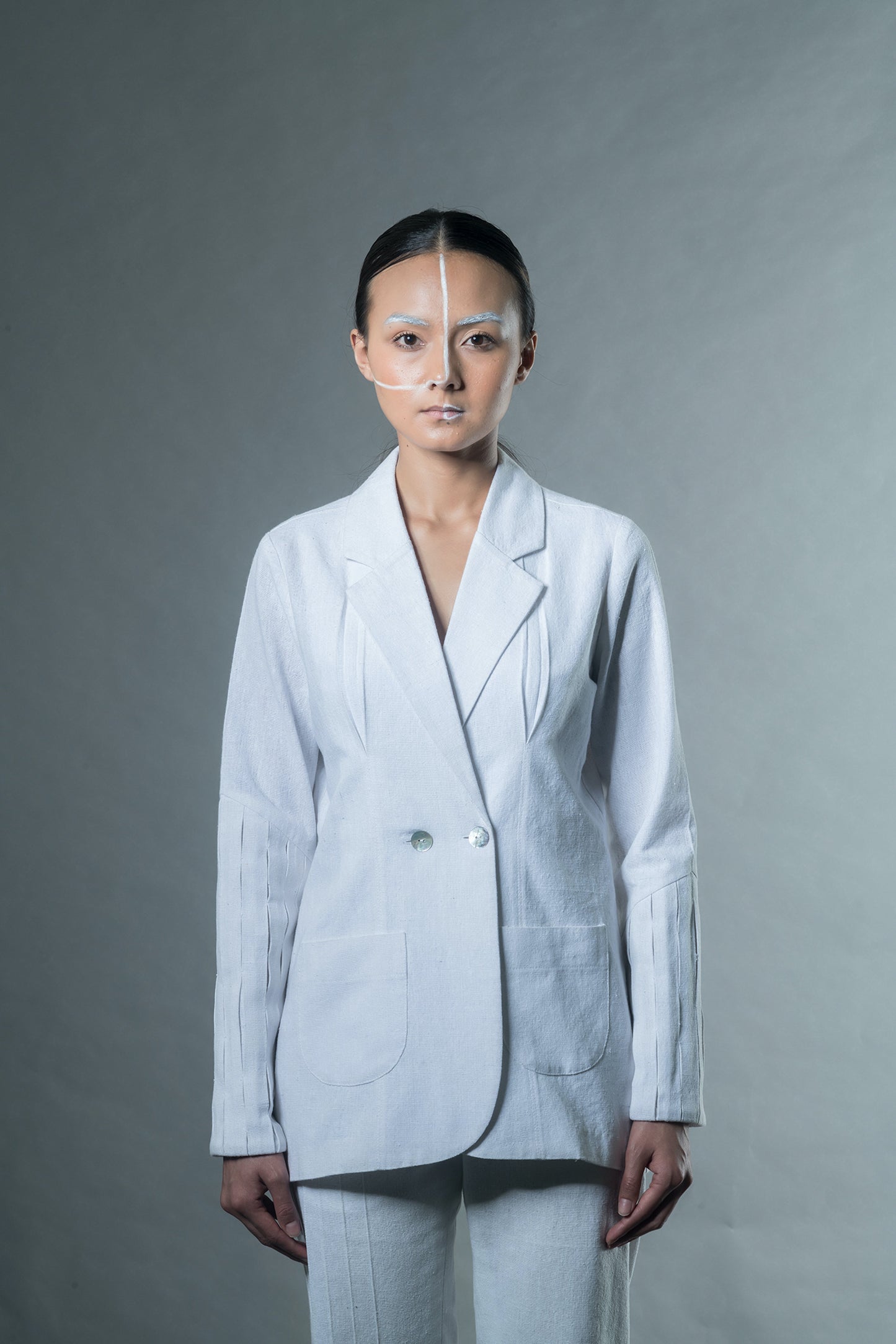 White Suit Blazers at Kamakhyaa by Anushé Pirani. This item is Blazers, Easter, Handwoven Jute Cotton, July Sale, July Sale 2023, Natural, Office Wear, Playful Office Wear, Relaxed Fit, sale anushe pirani, Solids, The Line Tales, White, Womenswear