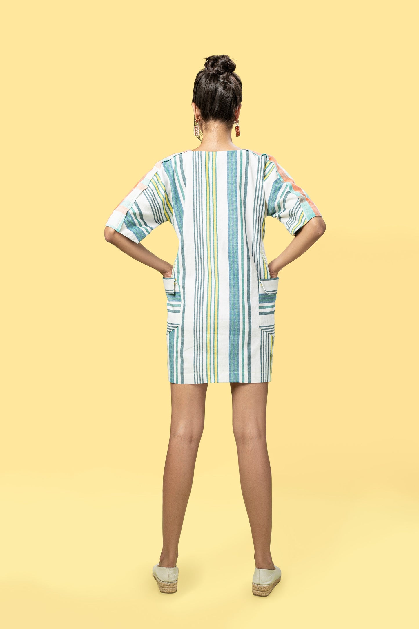 White Summer Pocket Dress at Kamakhyaa by Anushé Pirani. This item is Handwoven Cotton, July Sale, July Sale 2023, Mini Dresses, Multicolor, Natural, Of Myriad Minds, Office Wear, Playful Office Wear, Regular Fit, sale anushe pirani, Short Dresses, Stripes, Womenswear