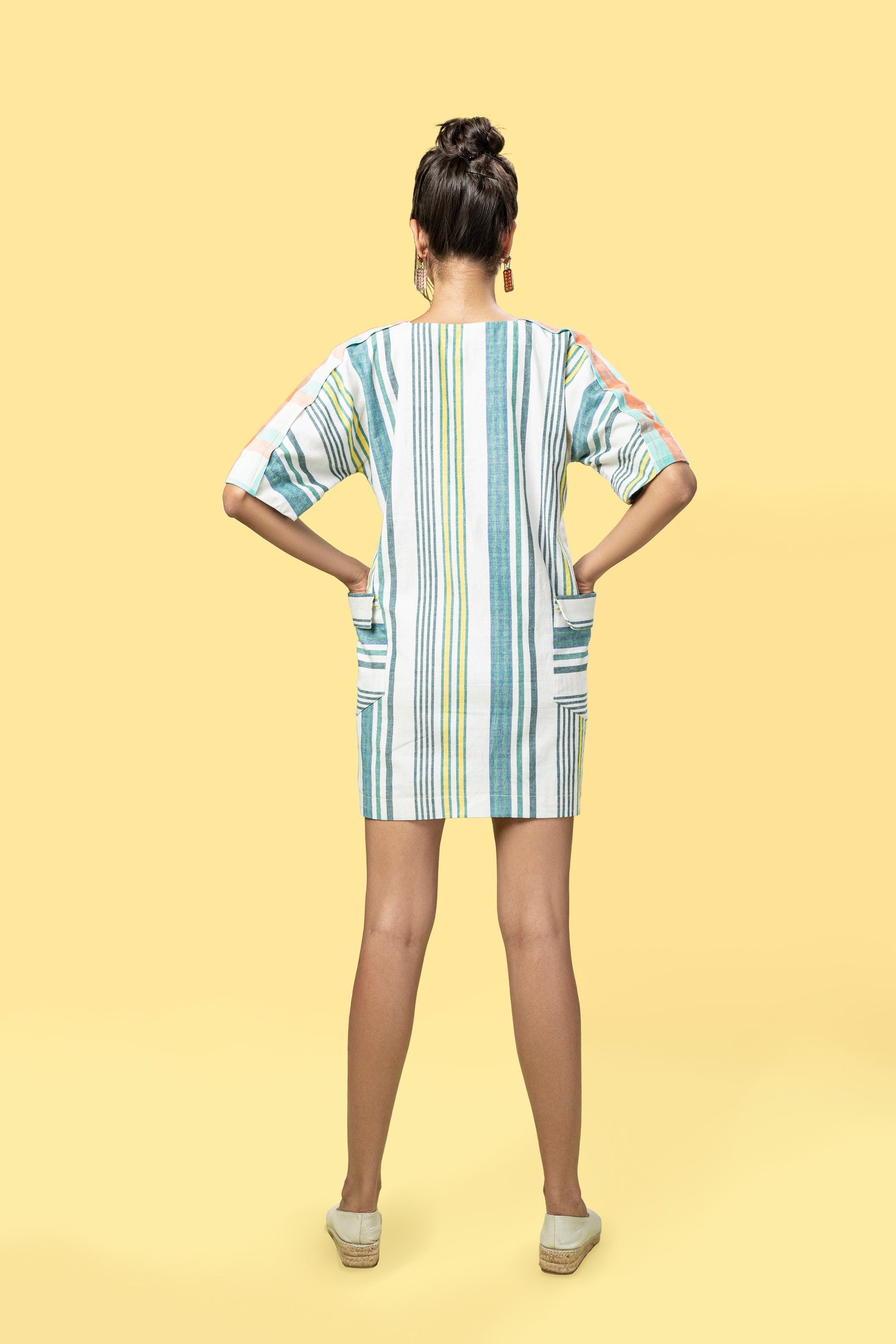 White Summer Pocket Dress at Kamakhyaa by Anushé Pirani. This item is Handwoven Cotton, July Sale, July Sale 2023, Mini Dresses, Multicolor, Natural, Of Myriad Minds, Office Wear, Playful Office Wear, Regular Fit, sale anushe pirani, Short Dresses, Stripes, Womenswear