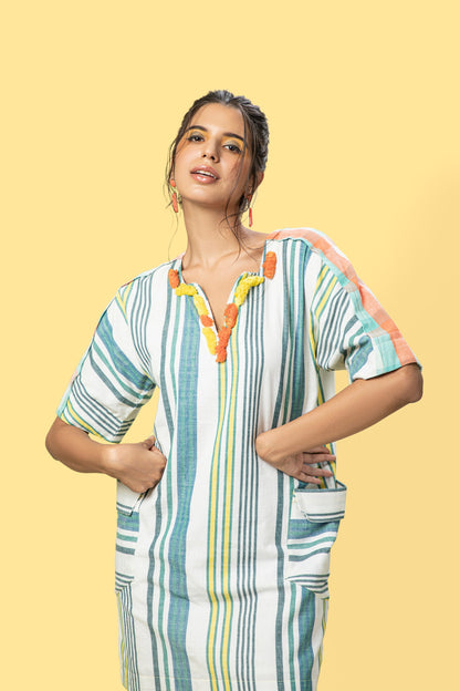 White Summer Pocket Dress at Kamakhyaa by Anushé Pirani. This item is Handwoven Cotton, July Sale, July Sale 2023, Mini Dresses, Multicolor, Natural, Of Myriad Minds, Office Wear, Playful Office Wear, Regular Fit, sale anushe pirani, Short Dresses, Stripes, Womenswear