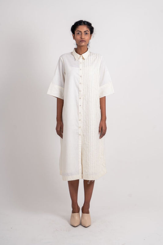White Textured Midi Dress at Kamakhyaa by Ahmev. This item is Casual Wear, Handloom Cotton, Highend fashion, July Sale, July Sale 2023, Natural, Relaxed Fit, Shirt Dresses, Shirts, Textured, White, Womenswear