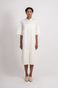 White Textured Midi Dress at Kamakhyaa by Ahmev. This item is Casual Wear, Handloom Cotton, Highend fashion, July Sale, July Sale 2023, Natural, Relaxed Fit, Shirt Dresses, Shirts, Textured, White, Womenswear
