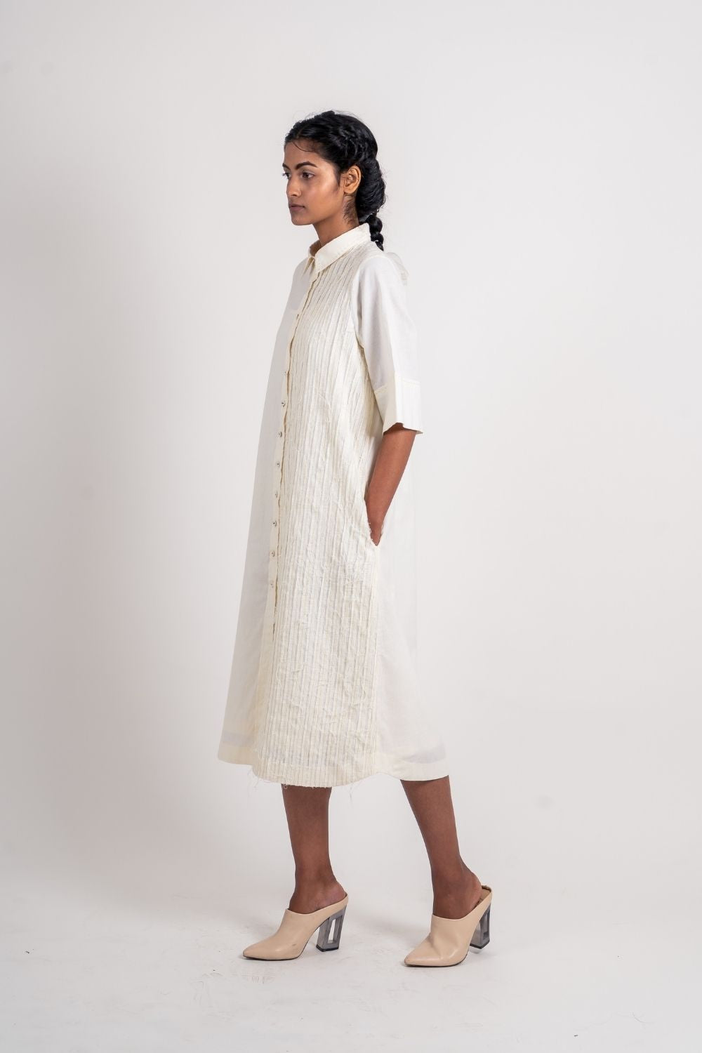 White Textured Shirt at Kamakhyaa by Ahmev. This item is Casual Wear, Handloom Cotton, Highend fashion, July Sale, July Sale 2023, Natural, Regular Fit, Shirt Dresses, Shirts, Textured, White, Womenswear